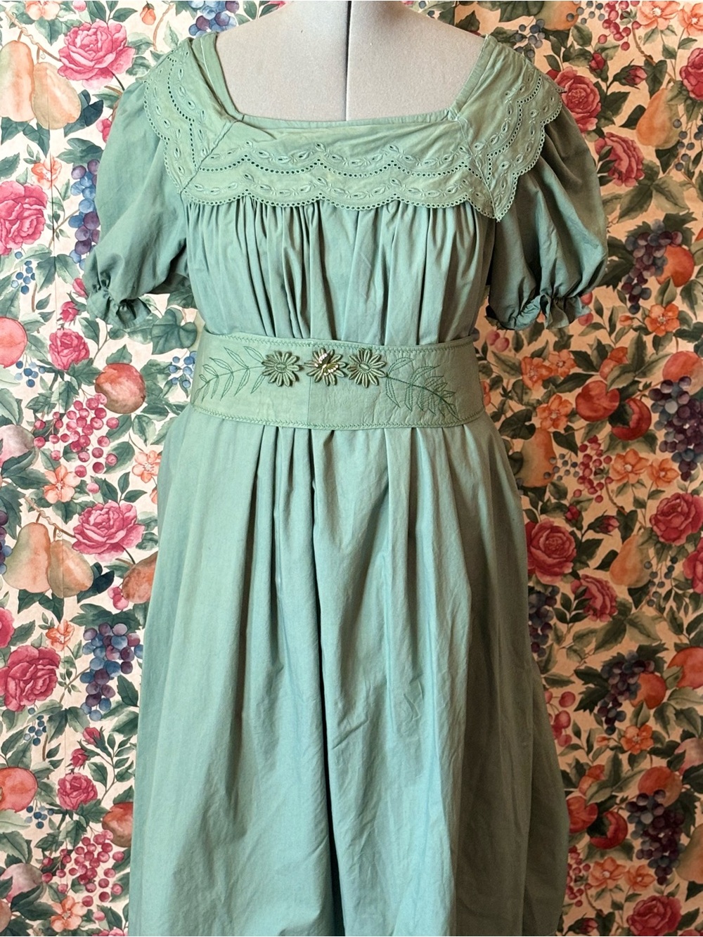 Cottagecore, Chemise Cotton Dress with Embroidered Waist belt